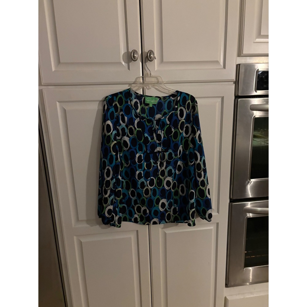 Pappagallo Blue Green Geometric Circle Print Tie Neck Blouse Medium